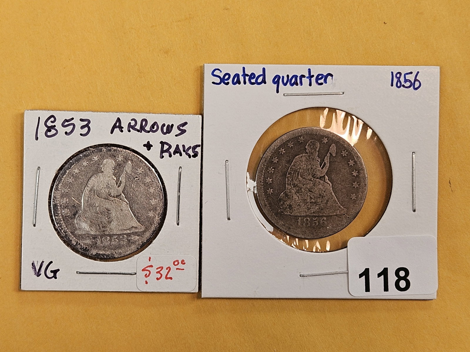 1853 With Arrows and 1856 Seated Liberty silver Quarters: Both circulated