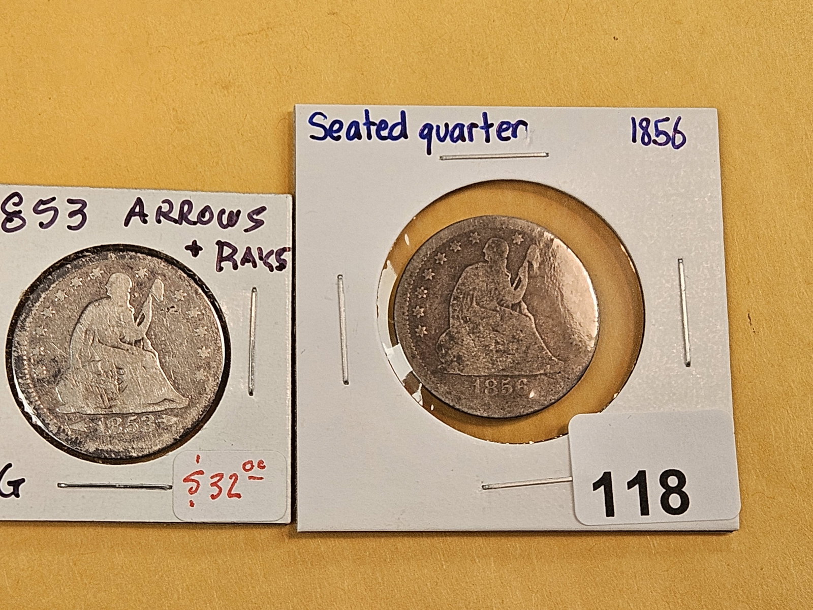 1853 With Arrows and 1856 Seated Liberty silver Quarters - 2