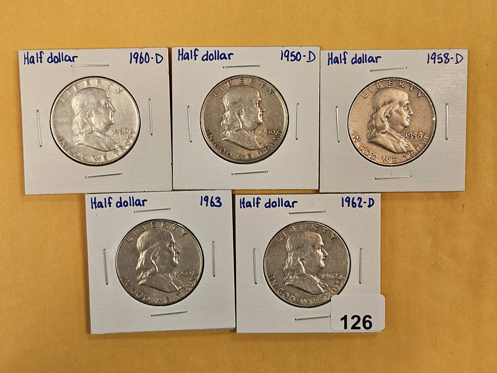 Five mixed Franklin silver Half Dollars: Lightly circulated