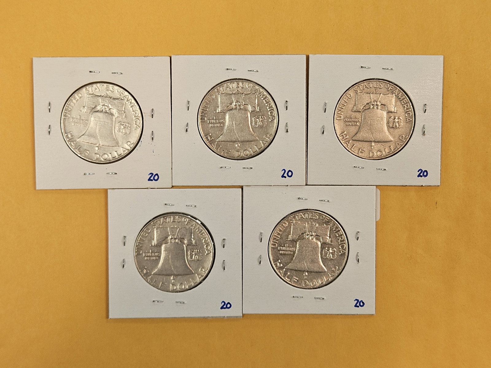 Five mixed Franklin silver Half Dollars - 2
