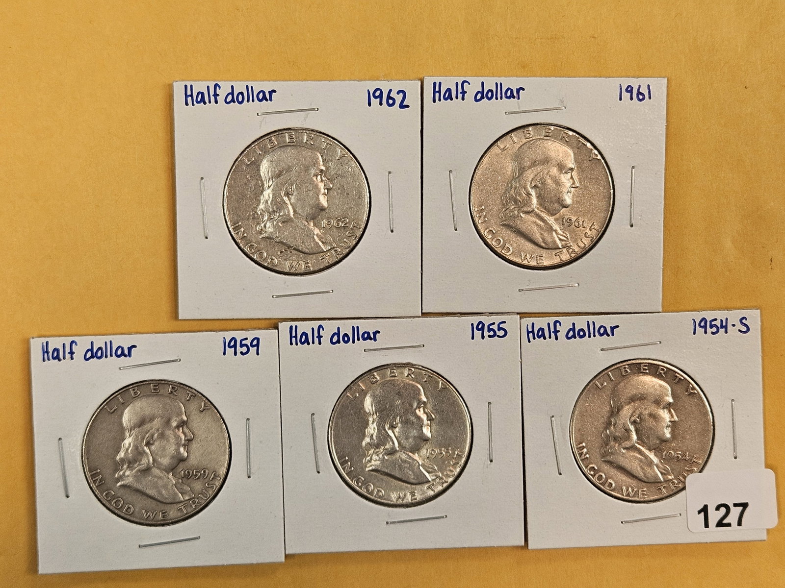 Five mixed Franklin silver Half Dollars: Lightly circulated