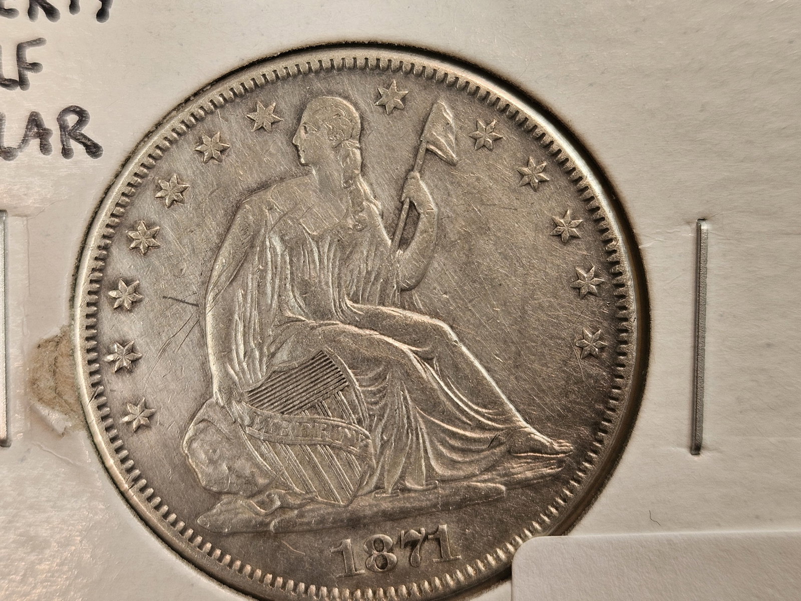 * Nicer! 1871 Seated Liberty silver Half Dollar in About Uncirculated plus: Higher grade! Might have an old cleaning