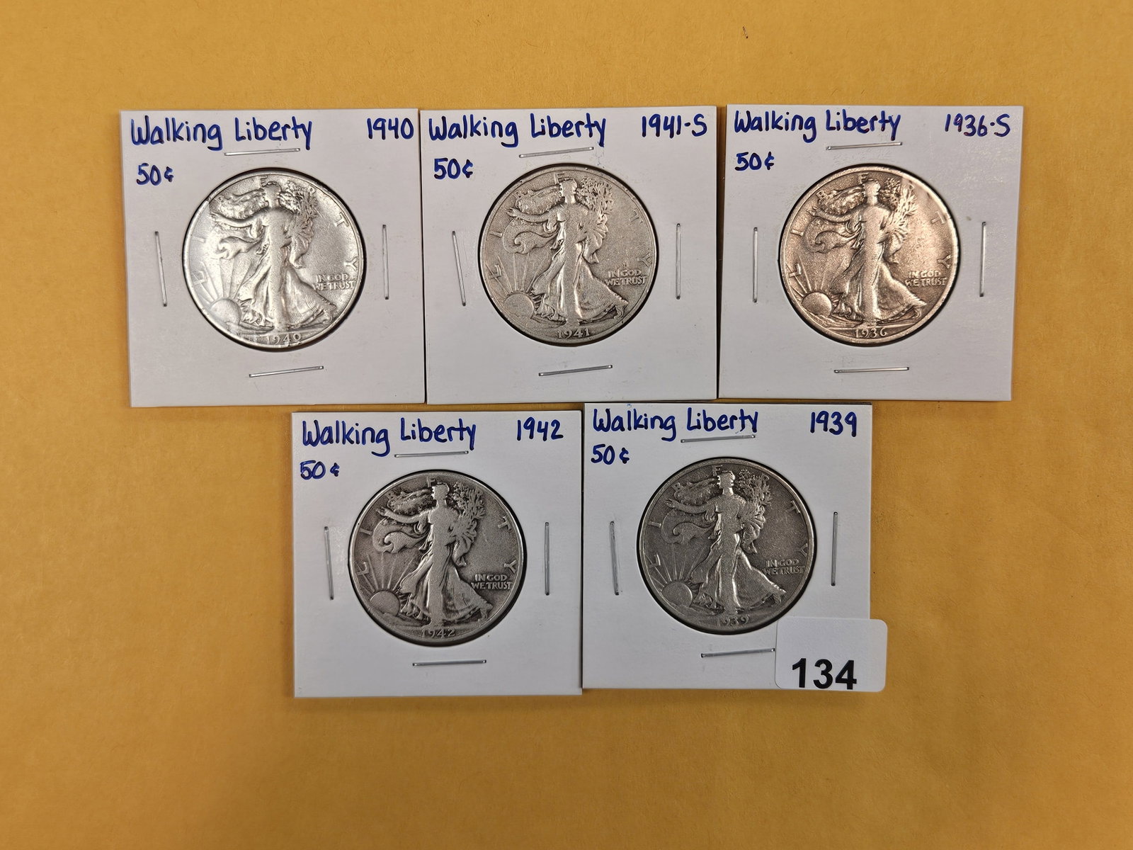 Five mixed Walking Liberty silver Half Dollars: Circulated