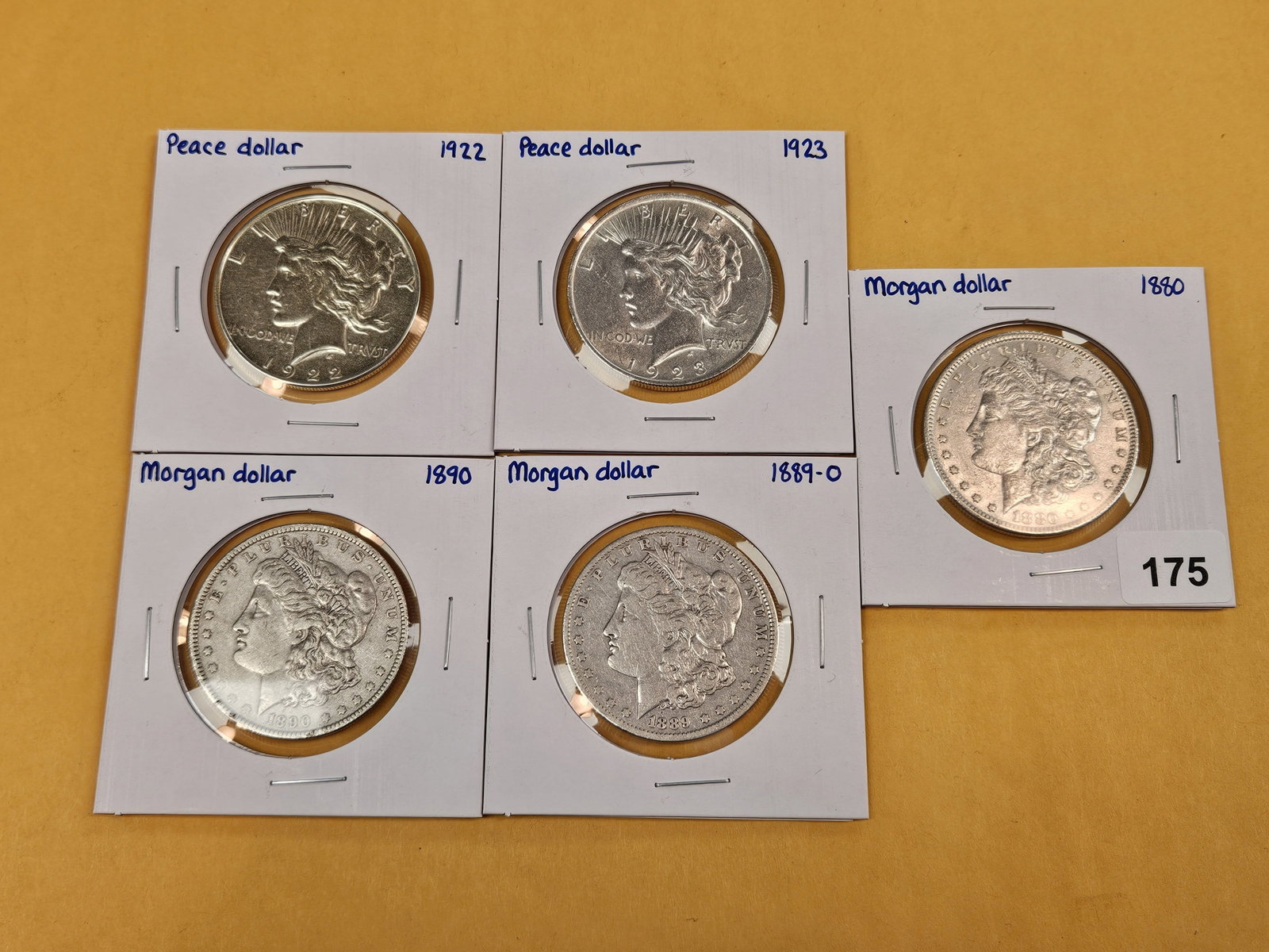 Five mixed Morgan and Peace silver Dollars - 2