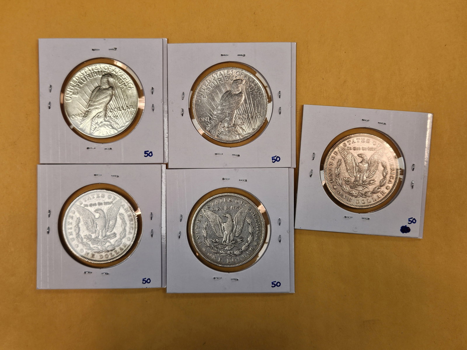 Five mixed Morgan and Peace silver Dollars - 3