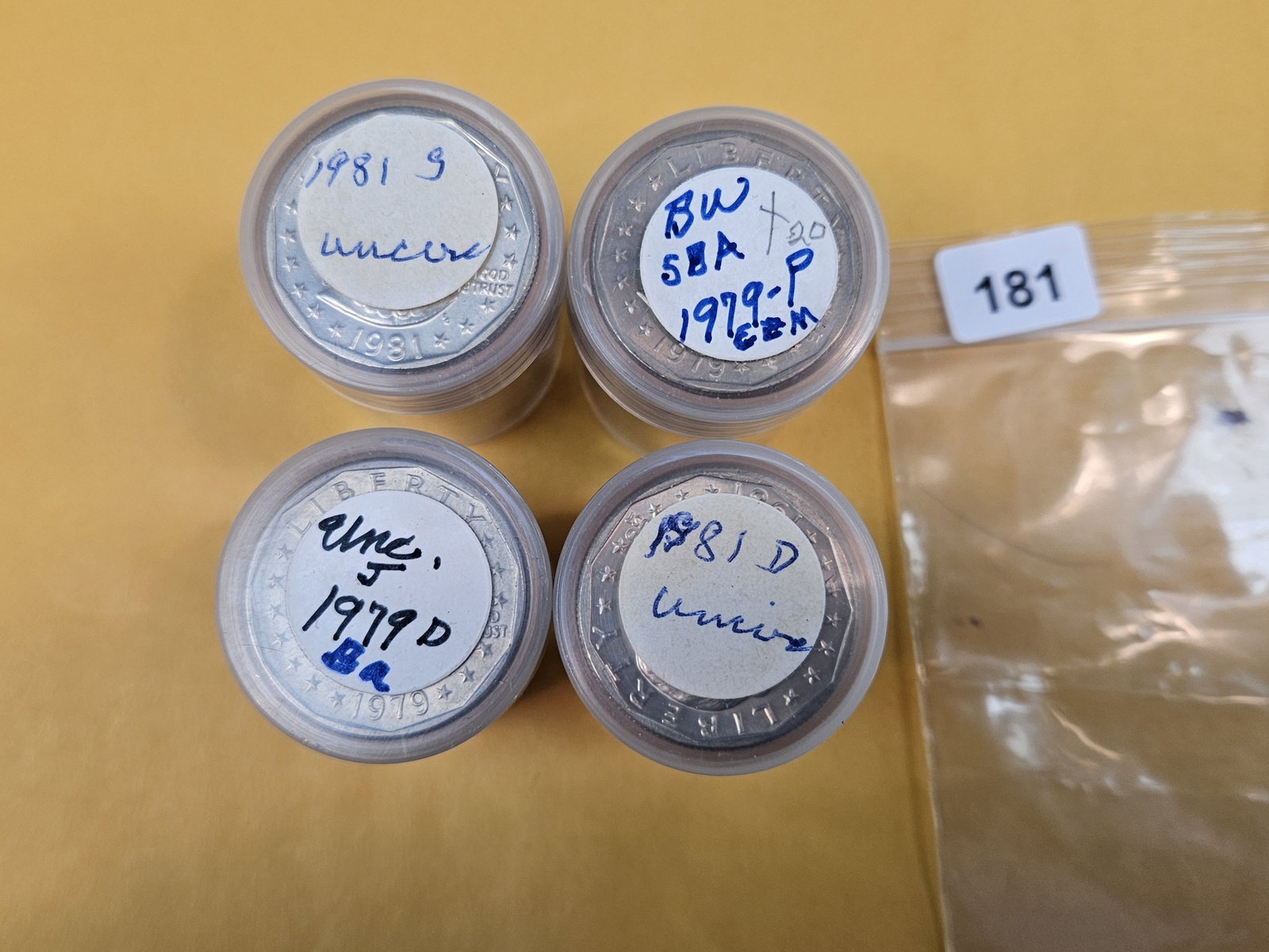 Four mixed, Brilliant Uncirculated Rolls of Susan B Anthony Dollars: From an old collection. We didn't open or check