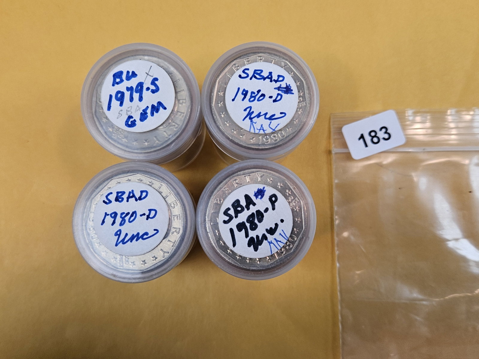 Four mixed, Brilliant Uncirculated Rolls of Susan B Anthony Dollars: From an old collection. We didn't open or check