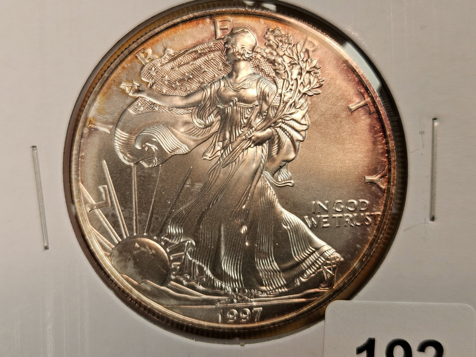 GEM Brilliant Uncirculated 1997 American Silver Eagle: Very nicely toned