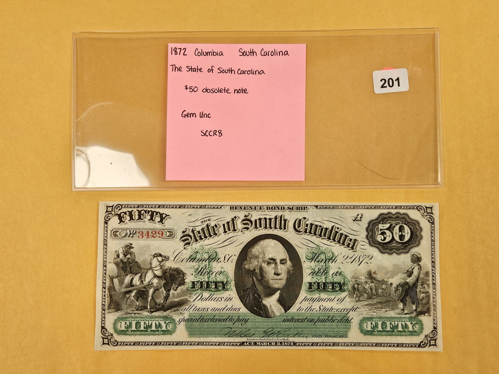 GEM Crisp Uncirculated Fifty Dollar Obsolete Note: Revenue Bond Scrip. 1872. Columbia South Carolina. SCCR8