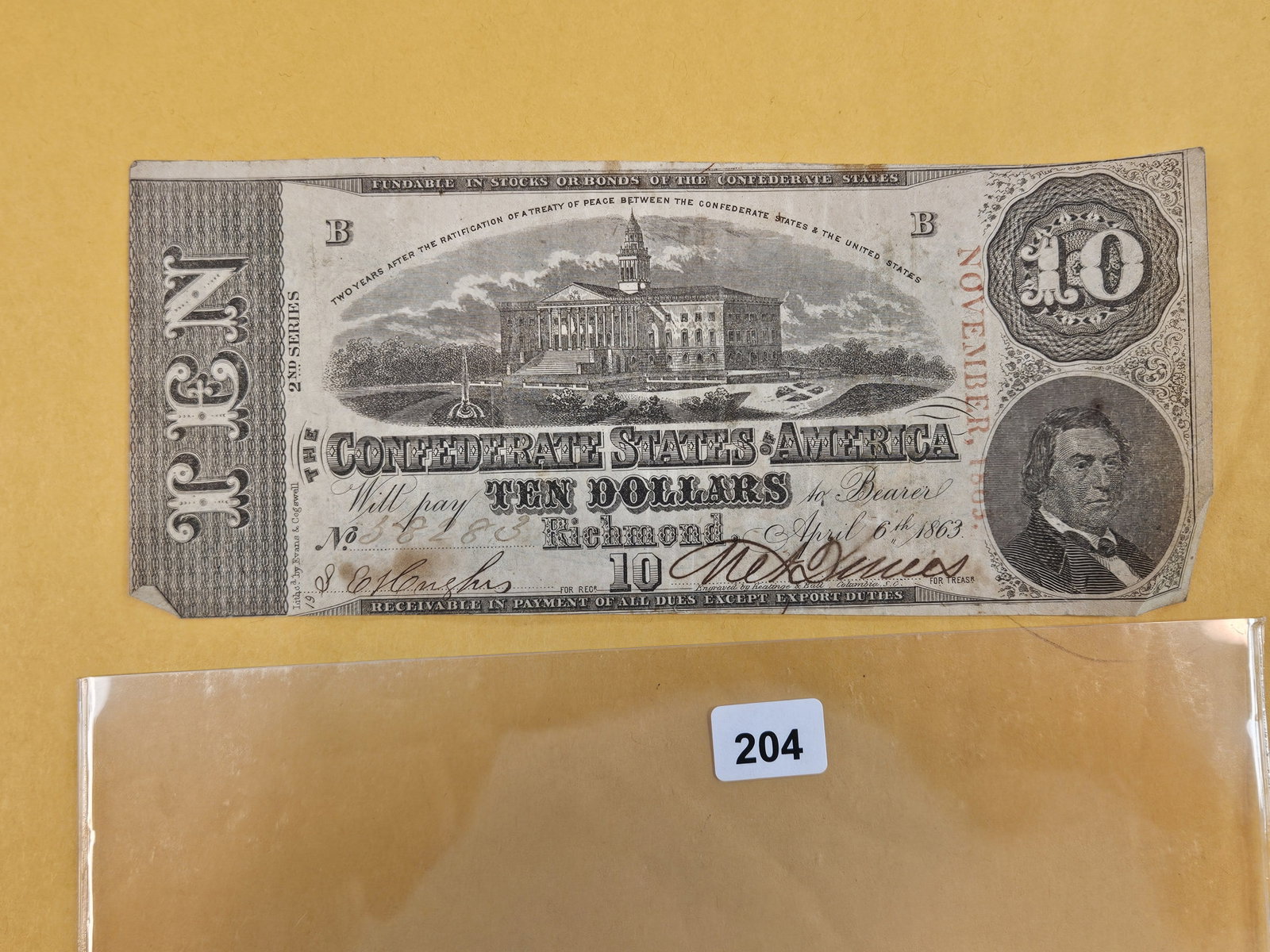 1863 Confederate States of America Ten Dollars (1 of 2)
