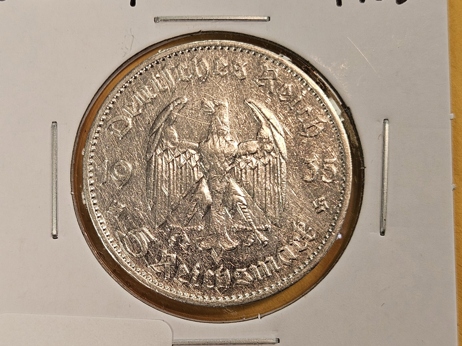 1935-E German silver 5 reichsmark: Church on reverse