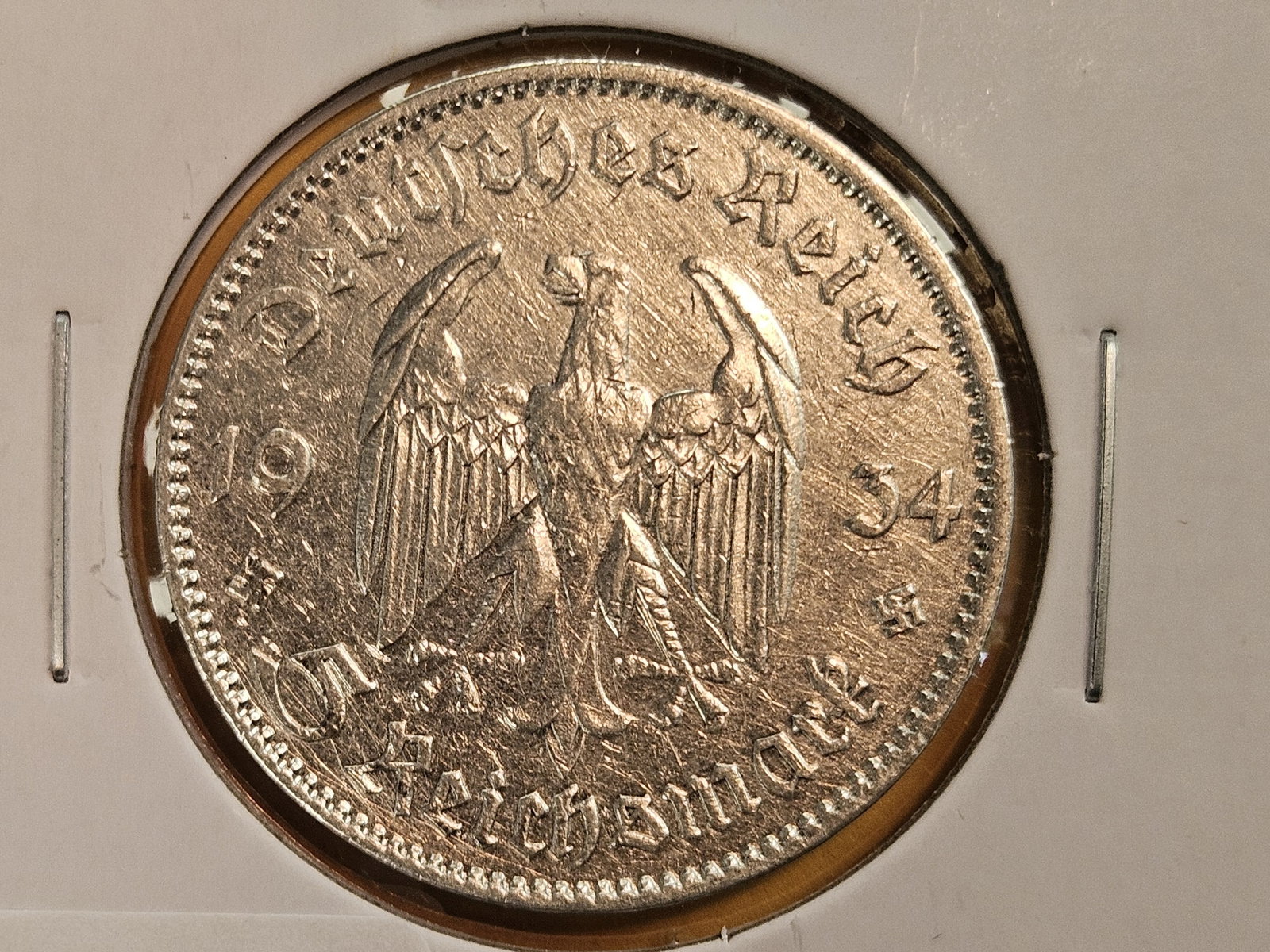 Brilliant About Uncirculated 1934-E German silver 5 reichsmark: Church on reverse