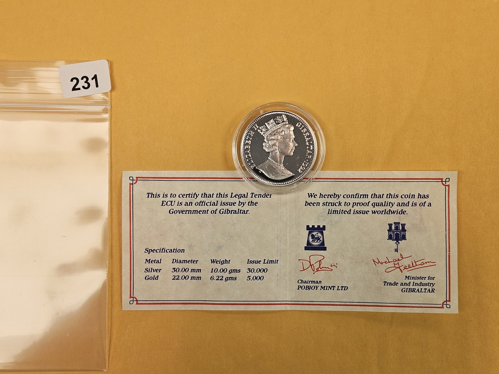 GEM Proof Deep Cameo 1992 Gibraltar silver 10 pounds: In original capsule with COA