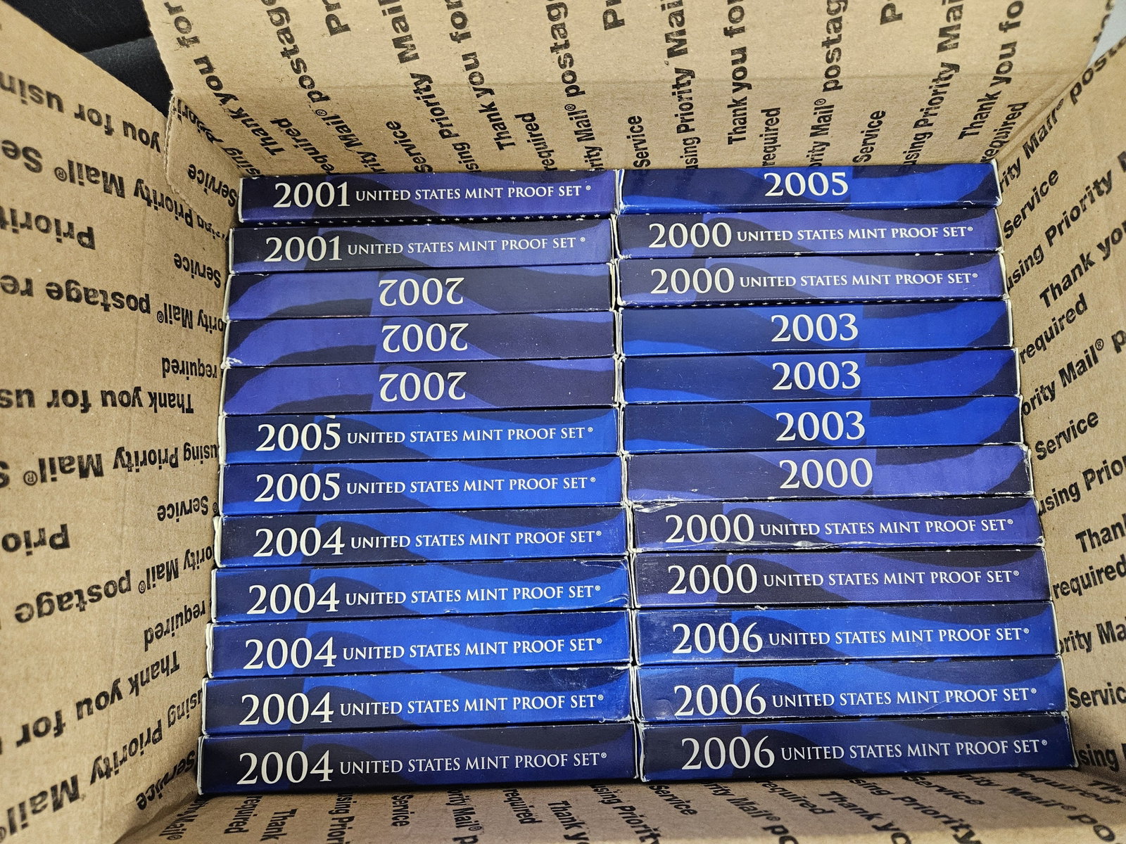 TWENTY-FOUR US PROOF SETS!: Ships separately in a Flat Rate Medium Box. Duplicates. No combined shipping