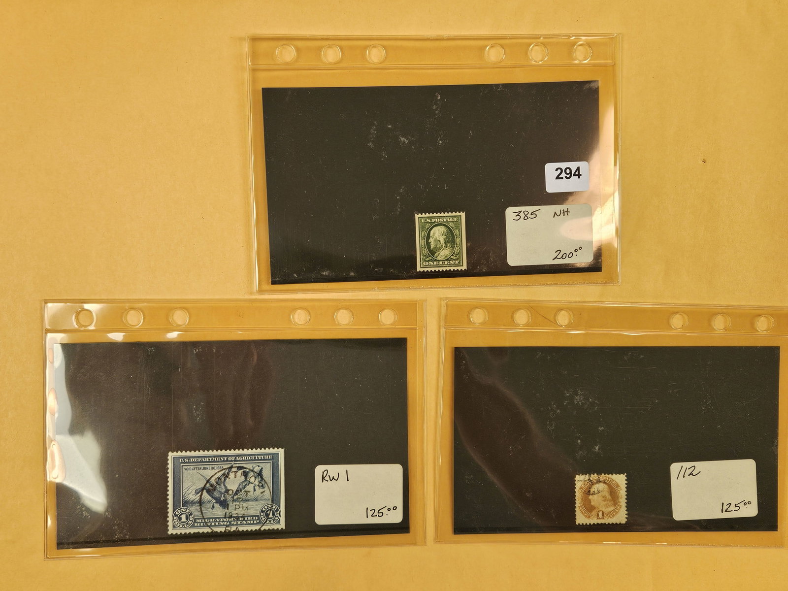 BETTER PHILATELICS!: From Joe Kremel's Shop. He was a big Stamp dealer in Chicago and owns Kremel's Korner. These are Scots numbers 385, RW1 and 112. Retail Value $450