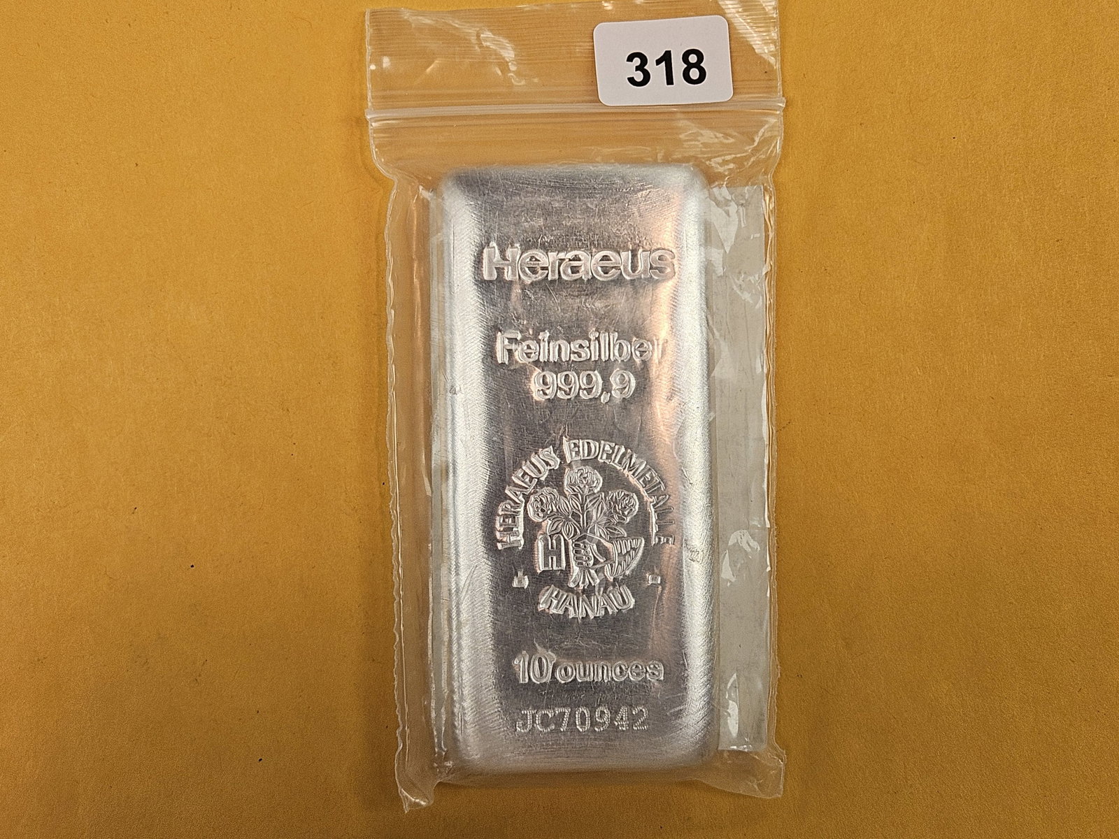 TEN Troy ounce .999 fine silver poured bar: Heraeus