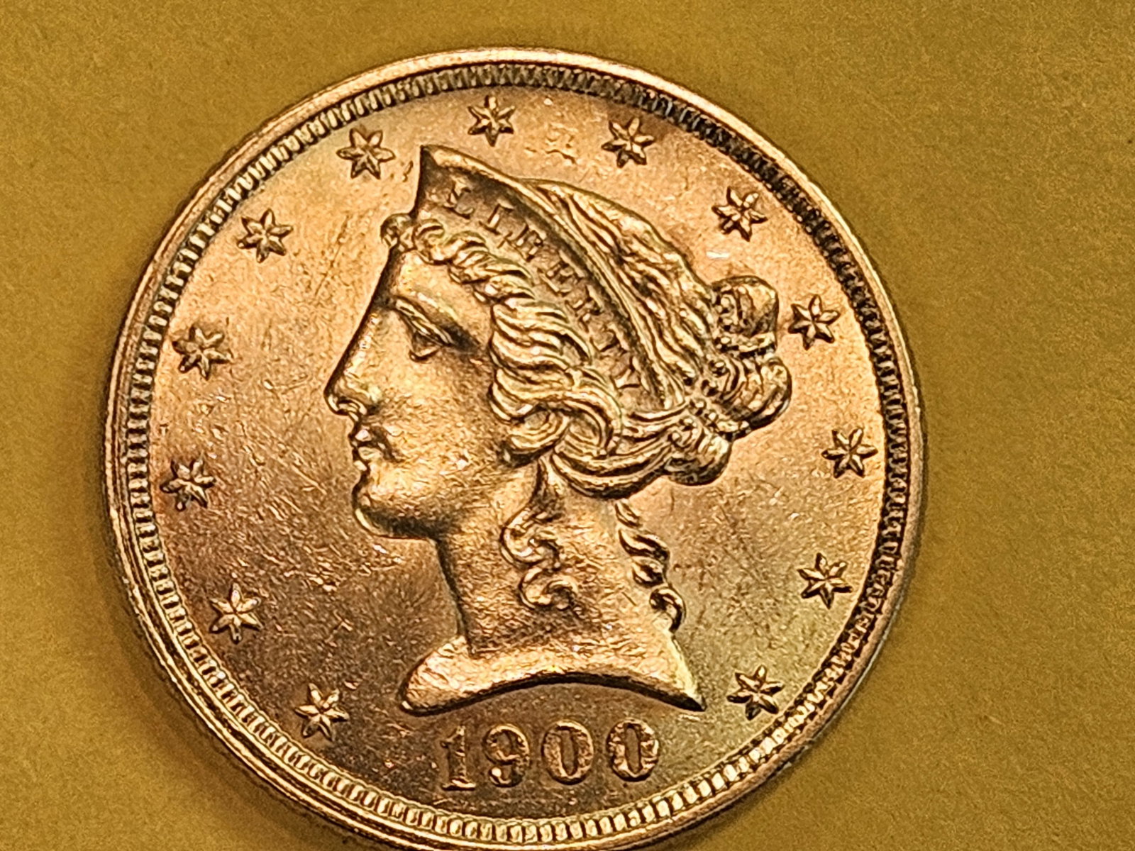 GOLD! Very Choice Brilliant Uncirculated GOLD 1900 Liberty Head Five Dollars - 5