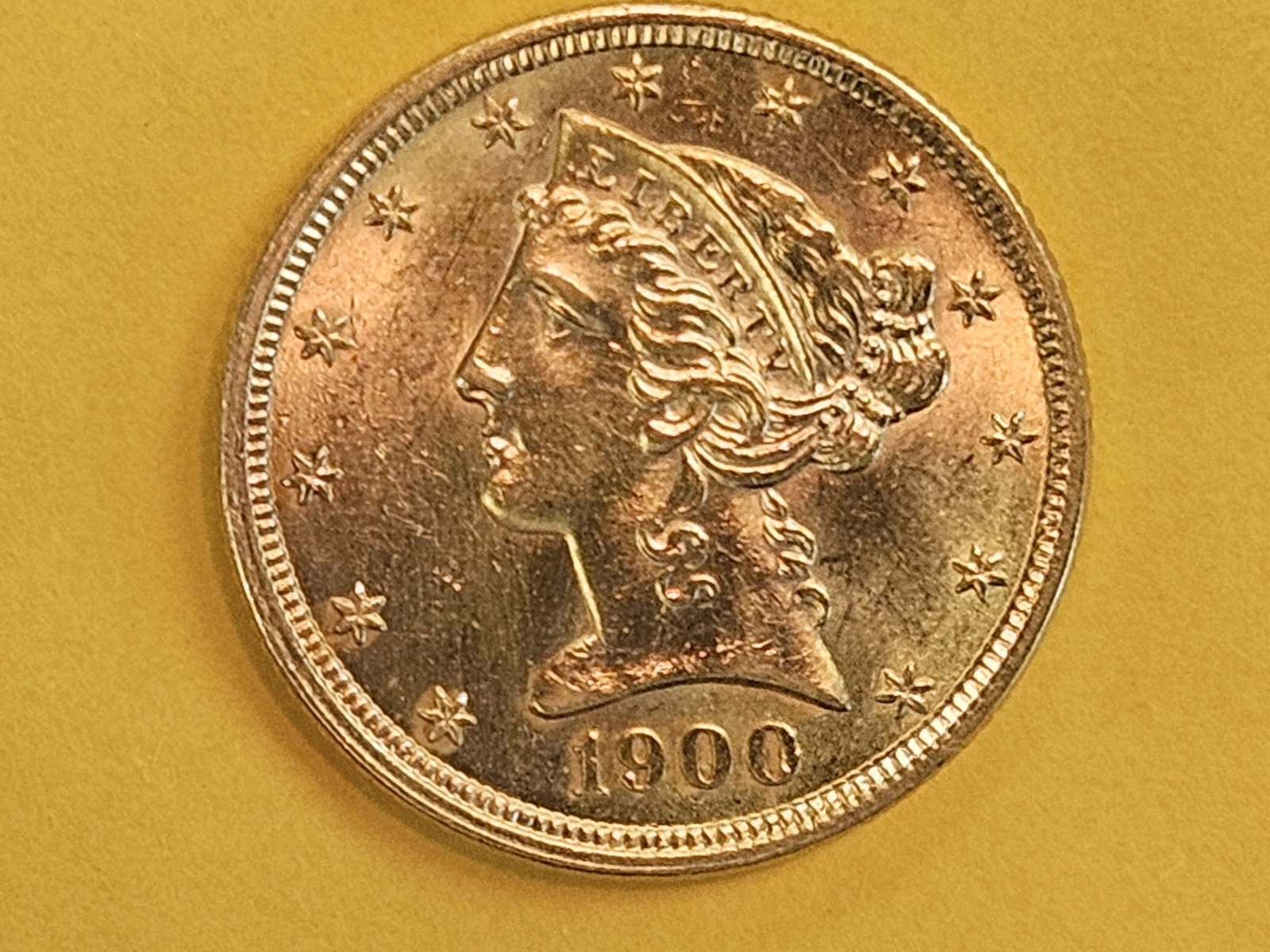 GOLD! Very Choice Brilliant Uncirculated GOLD 1900 Liberty Head Five Dollars - 6