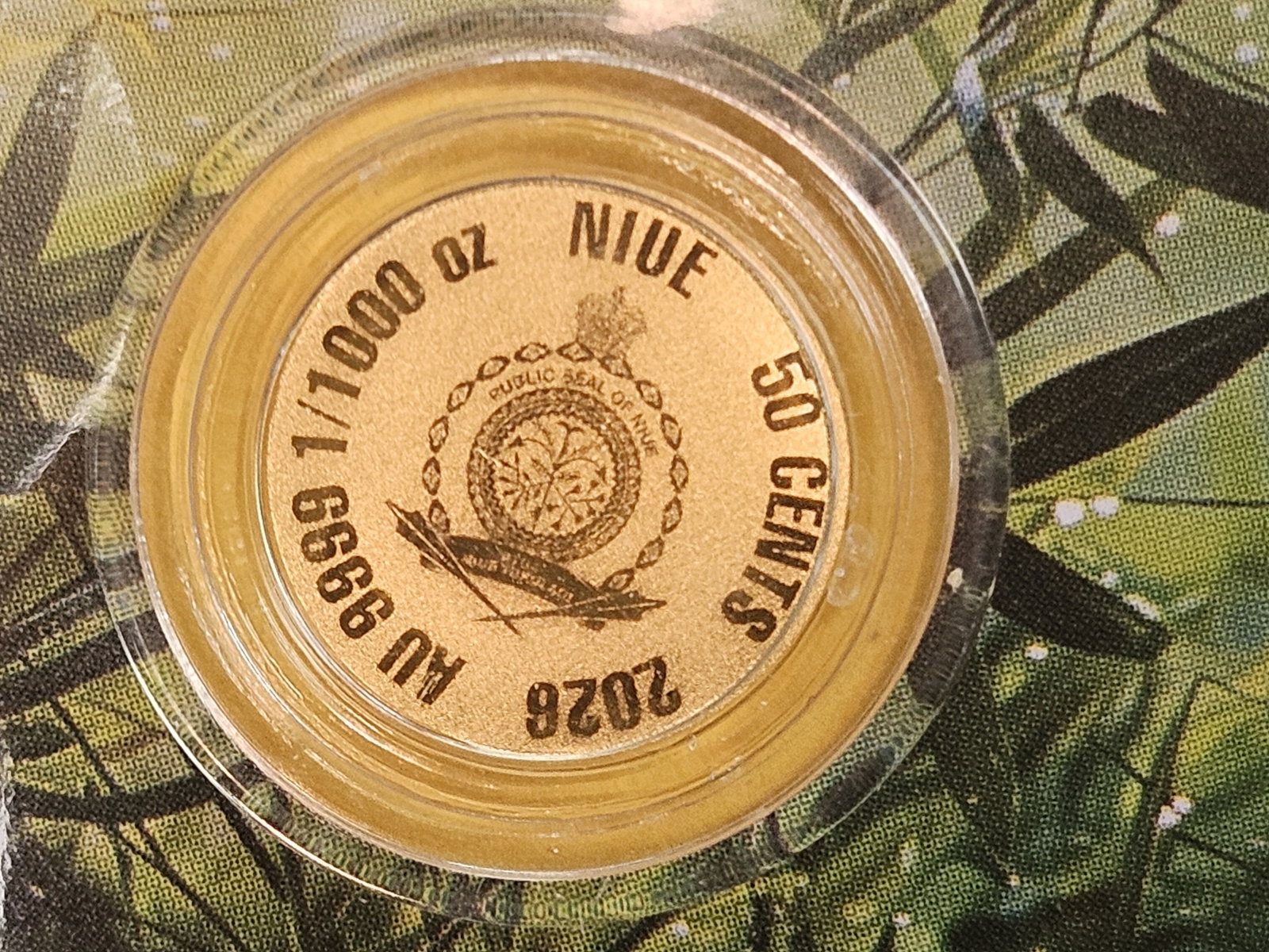 GOLD! GEM 2026 Niue Gold 50 cents: Made from .9999 fine gold. In original assay card