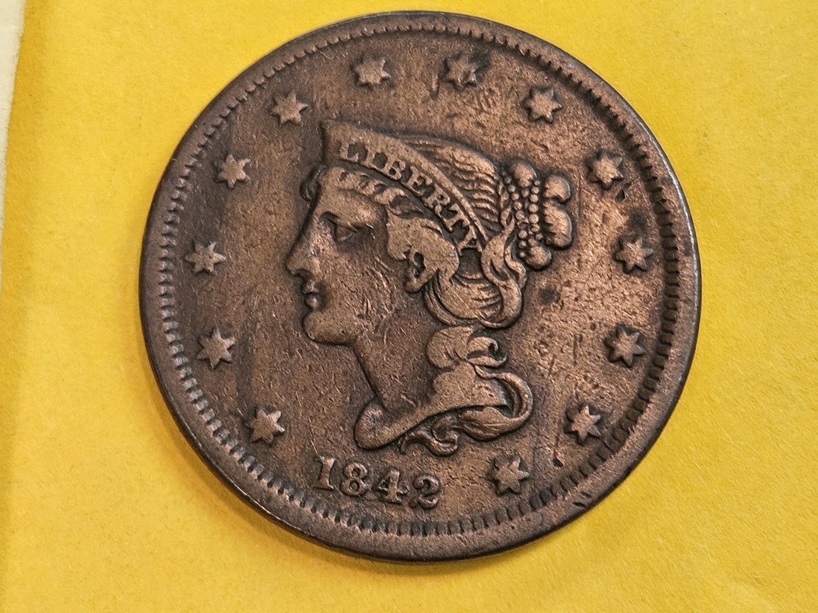 1842 Braided Hair Large Cent in Very Fine: Small Date version