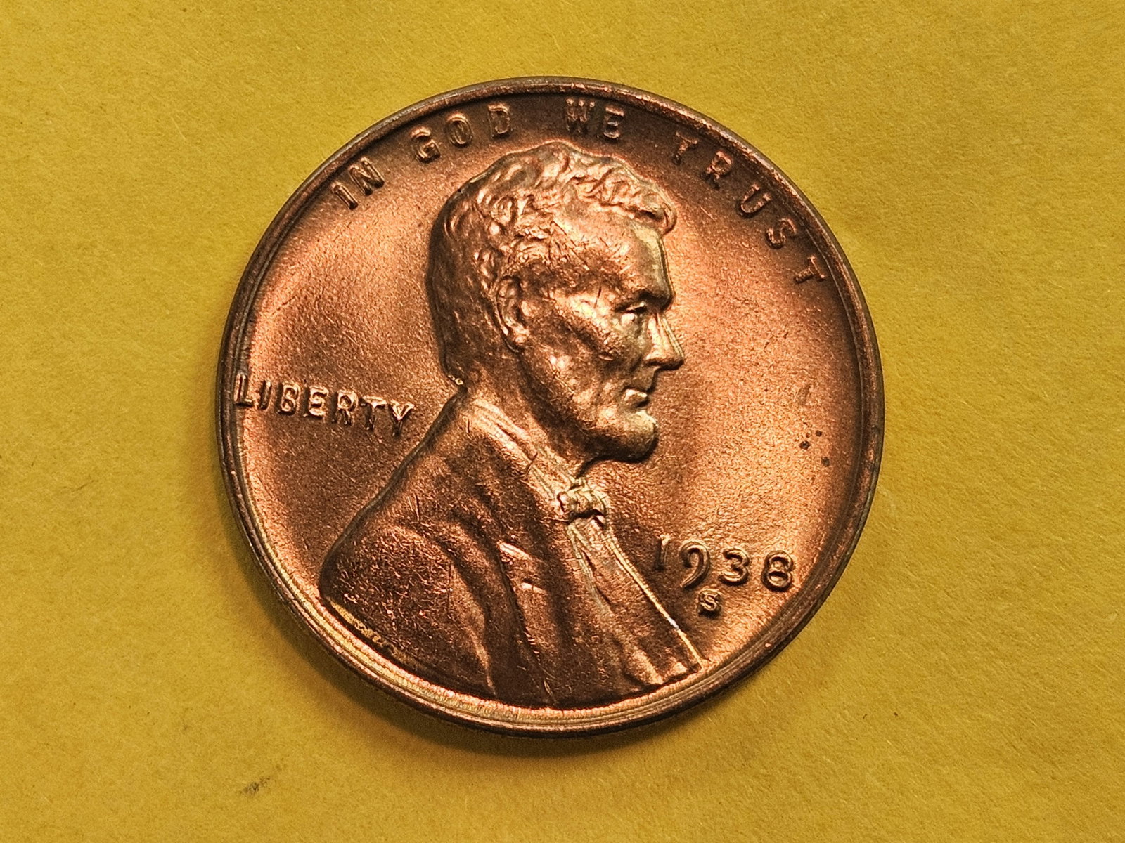 GEM Brilliant Uncirculated 1938-S Wheat cent: Bright RED!