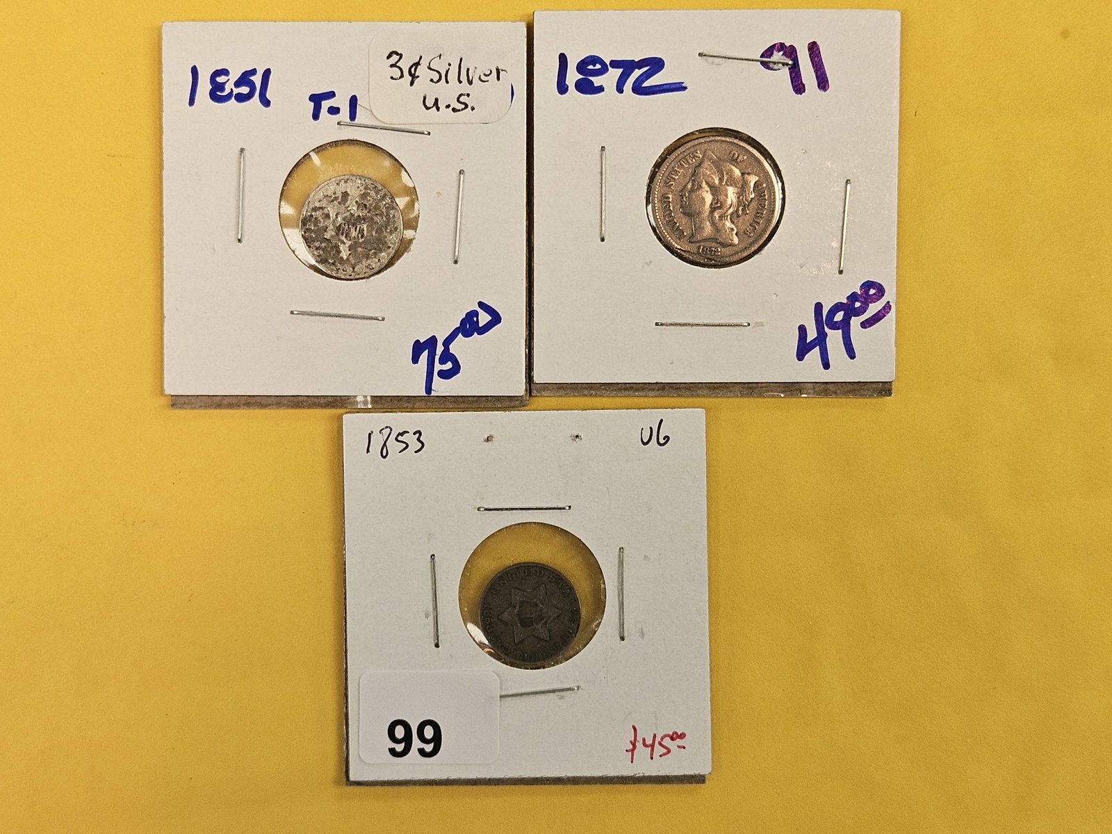 Two 3-Cent Silver Trimes and a Three Cent nickel: All well circulated or with issues
