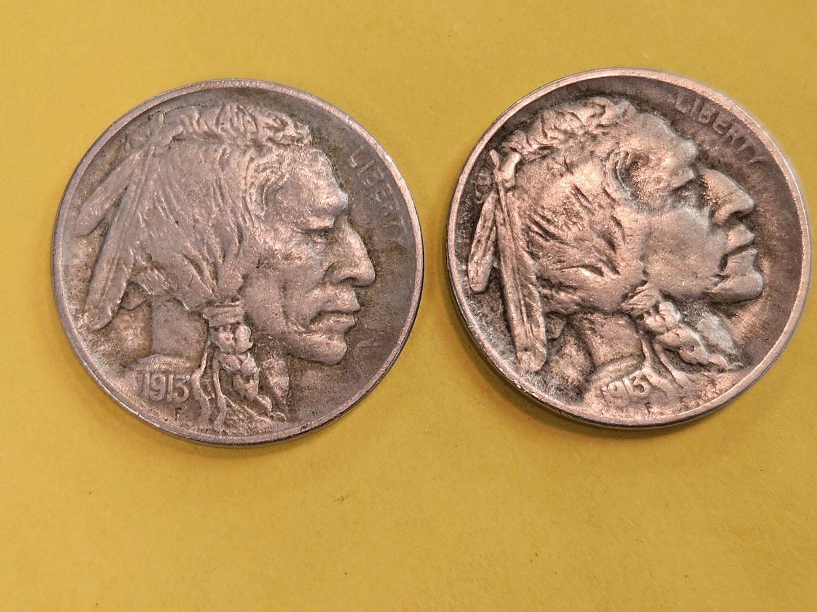 1913 Type 1 and 1913 Type 2 Buffalo Nickels: Both with Full Horns