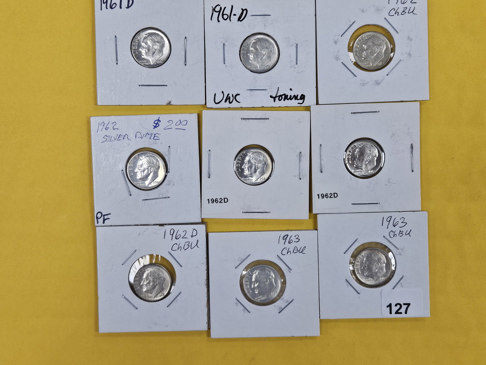 Nine mixed silver Roosevelt Dimes (1 of 2)