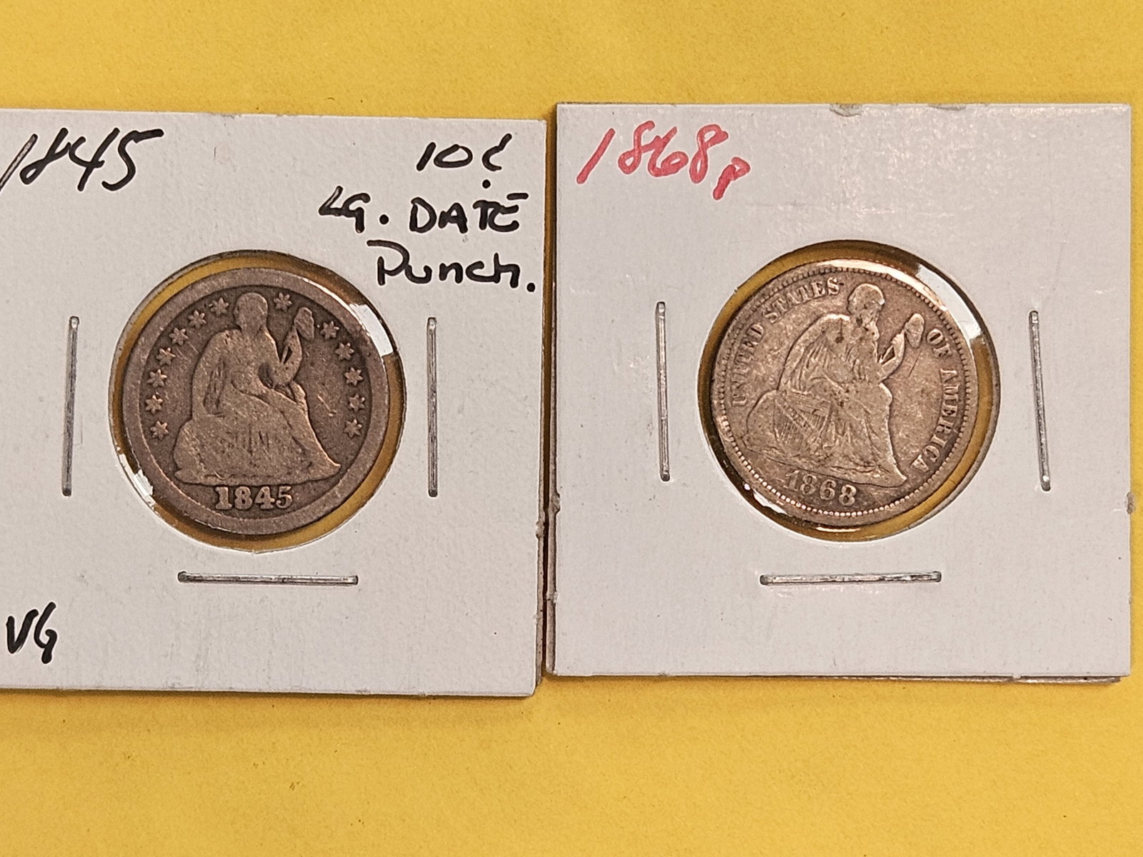 1845 and 1868 Seated Liberty silver dimes: Very Good to Fine plus