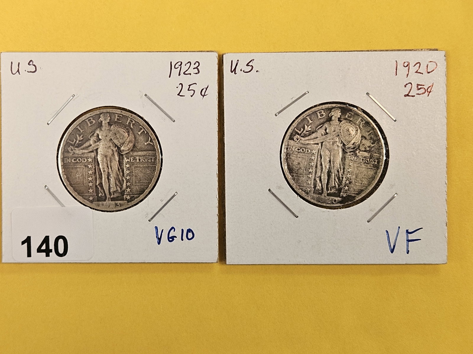 1923 and 1920 Standing Liberty silver quarters: In Very Good plus to Very Fine