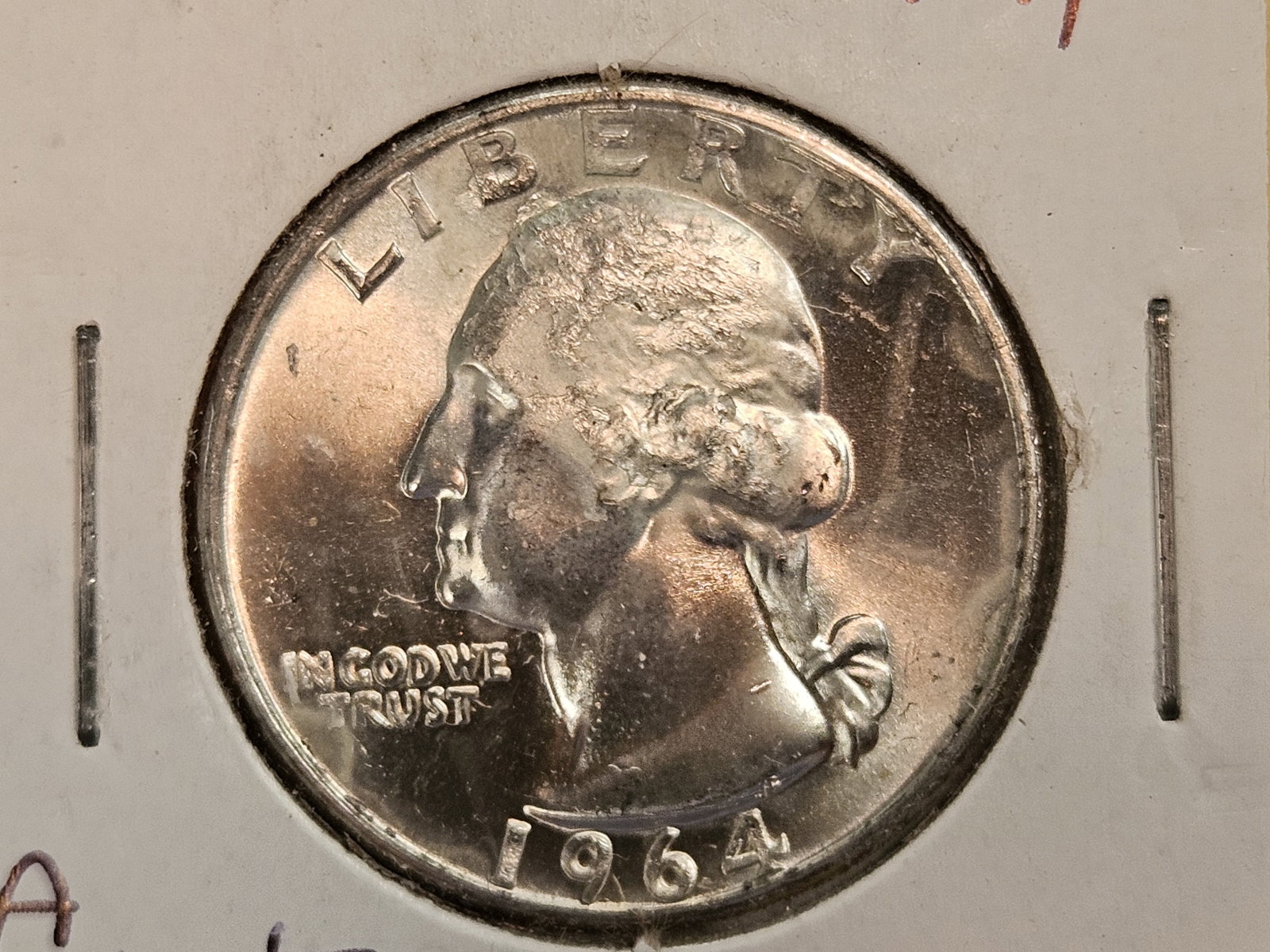 MINT ERROR! GEM Brilliant Uncirculated 1964 Washington Quarter: The entire head on the obverse is filled with lamination errors!