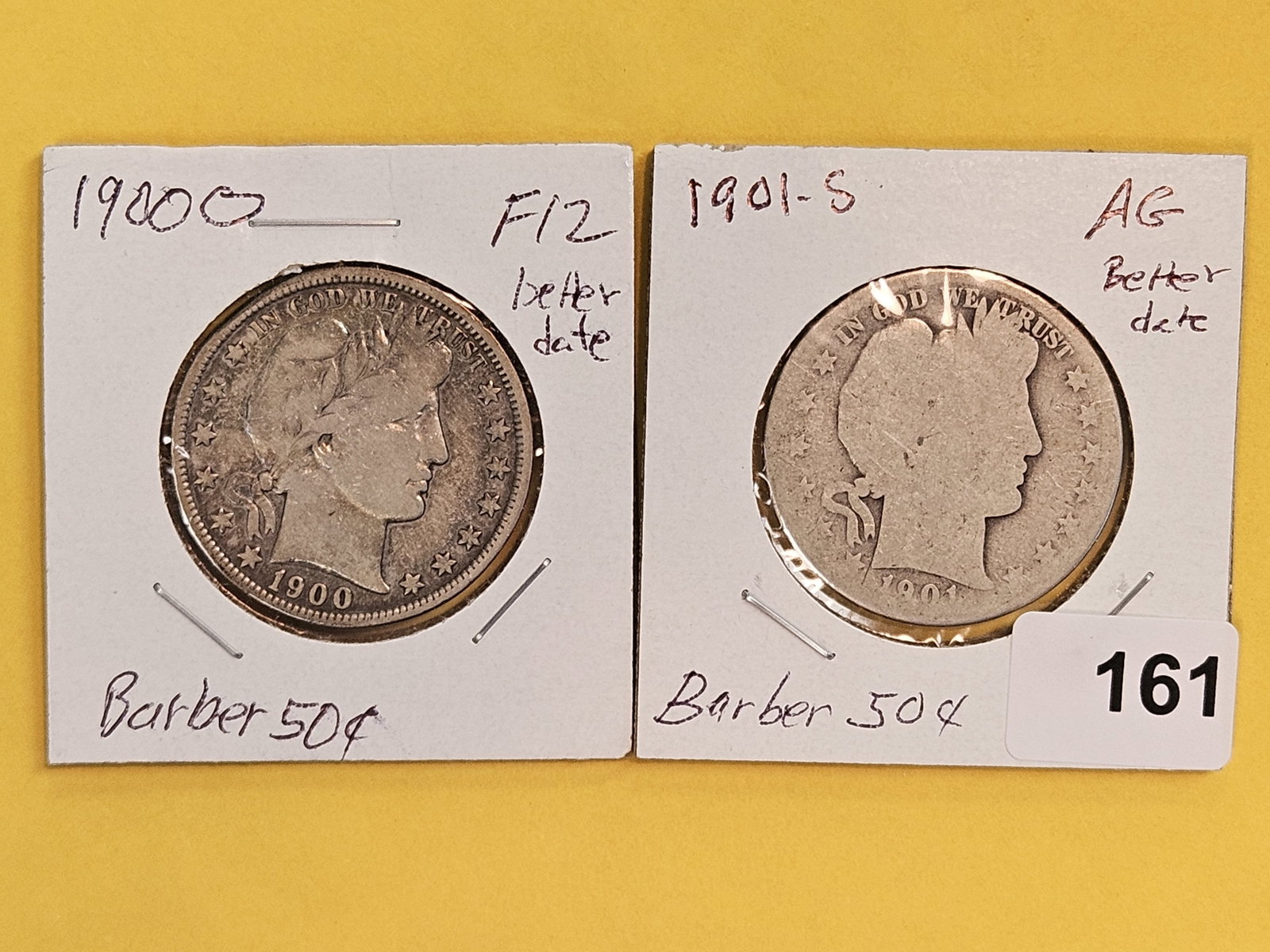 Two Better Date Barber silver half dollars: 1900-O and 1901-S
