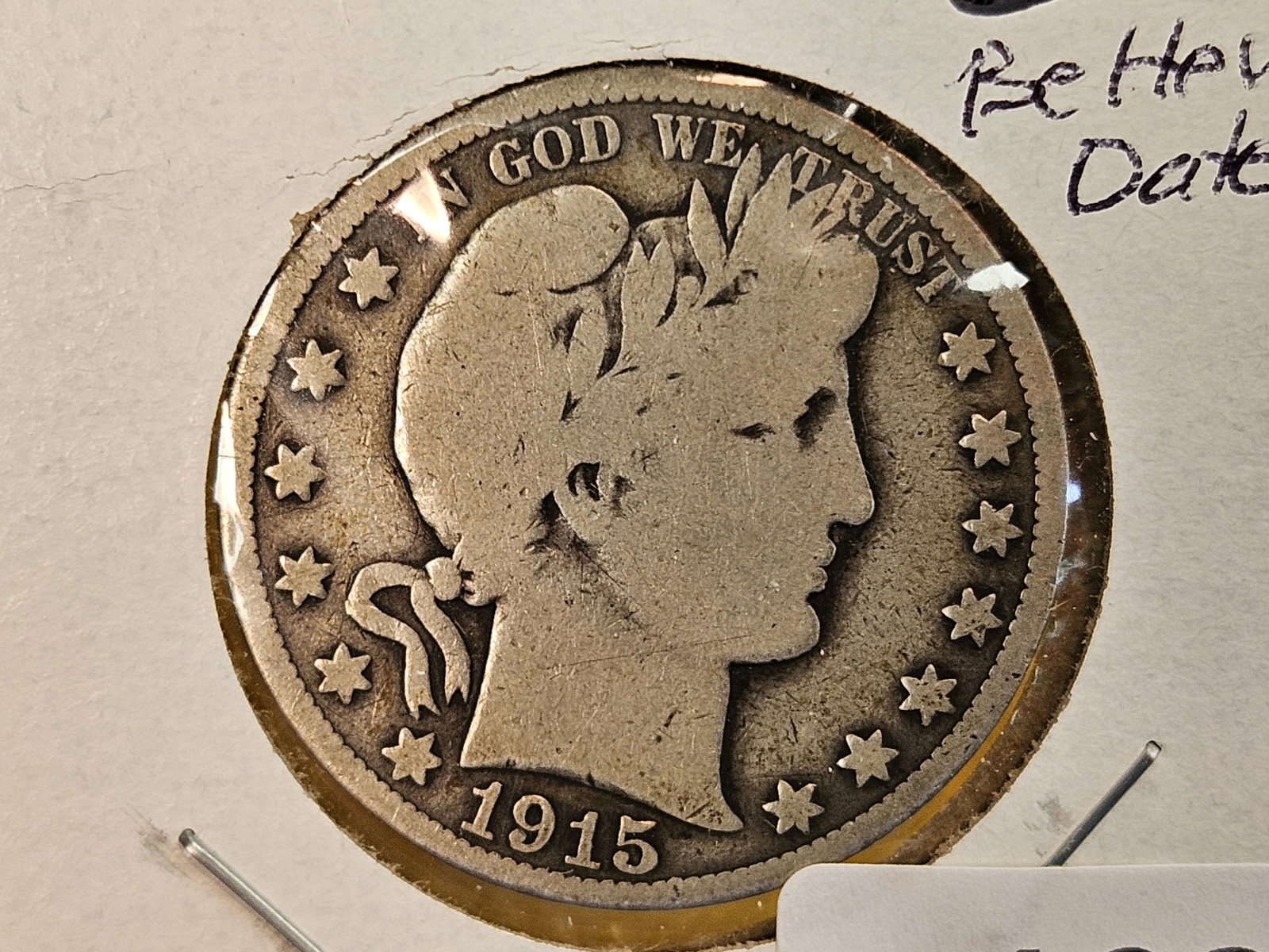 Semi-Key 1915 Barber silver half dollar: In Very Good