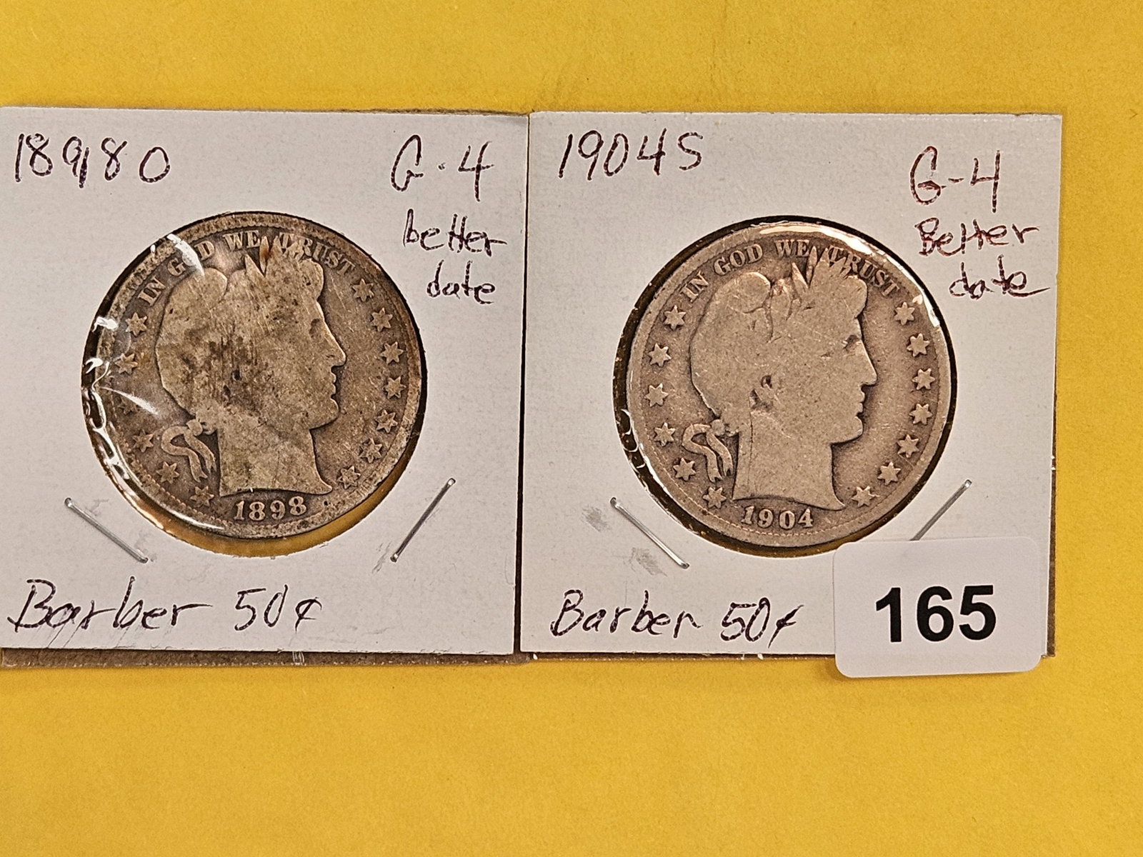 Two Better Date Barber silver half dollars: 1898-O and 1904-S