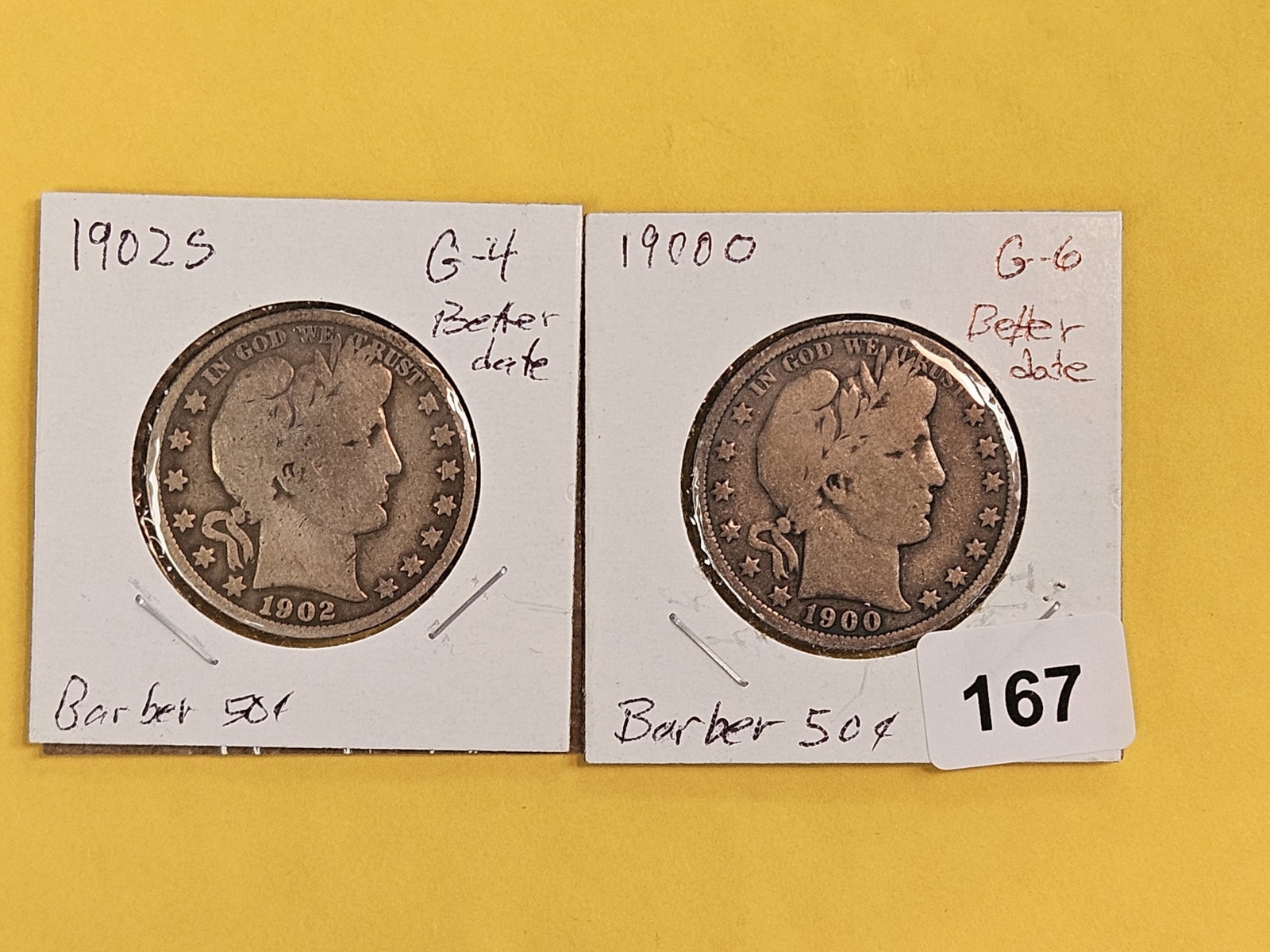 Two Better Date Barber silver half dollars: 1902-S and 1900-O
