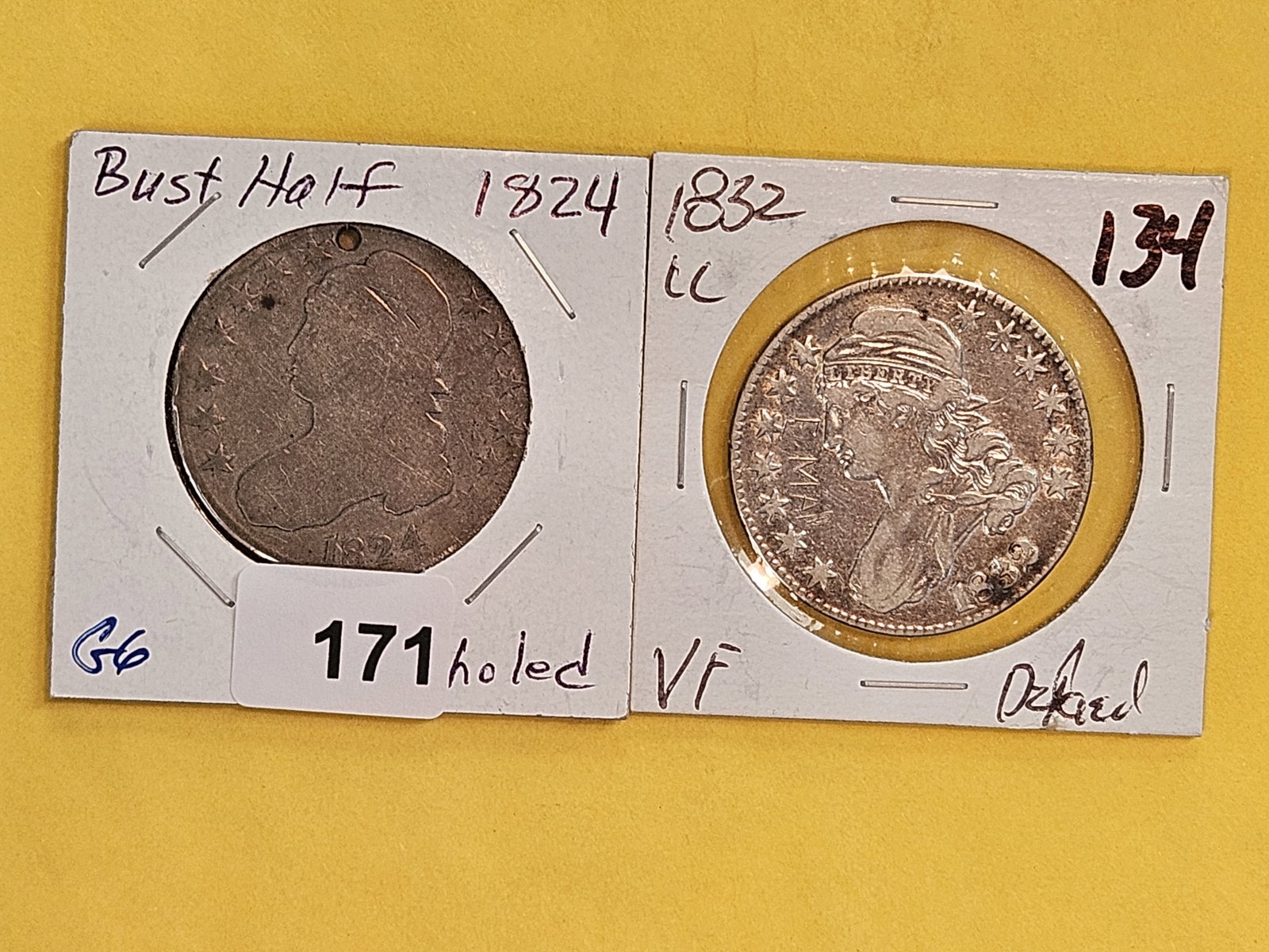 1824 and 1832 Capped Bust silver Half Dollars: Both details
