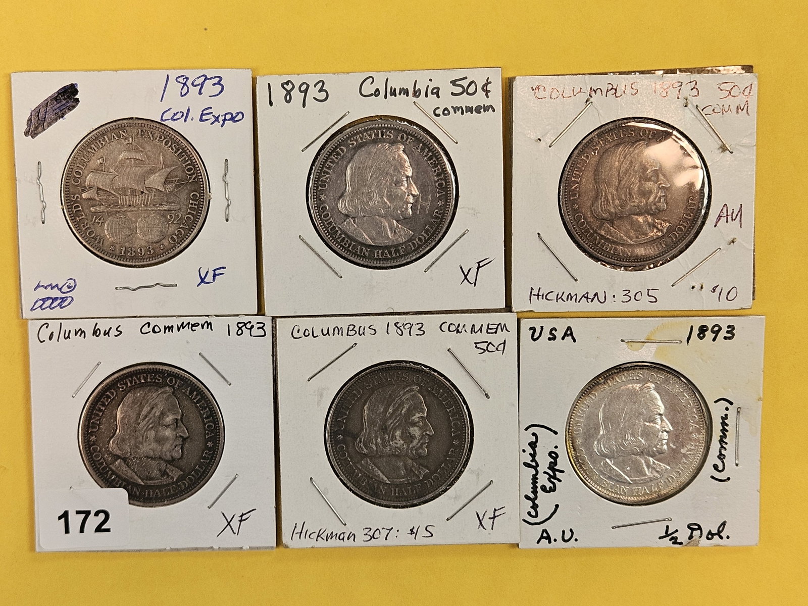 Six mixed silver 1893 Columbian Half Dollars: First commems
