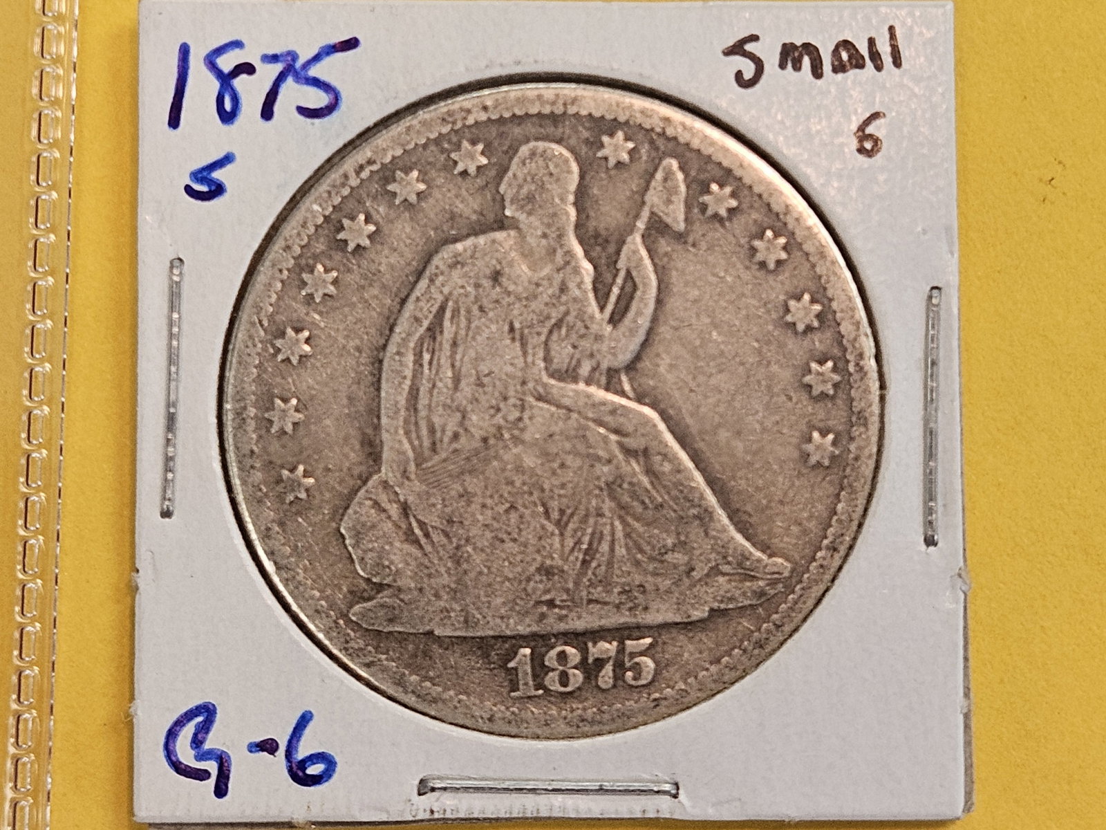 1875-S Seated Liberty silver half dollar: Very Small "S" version