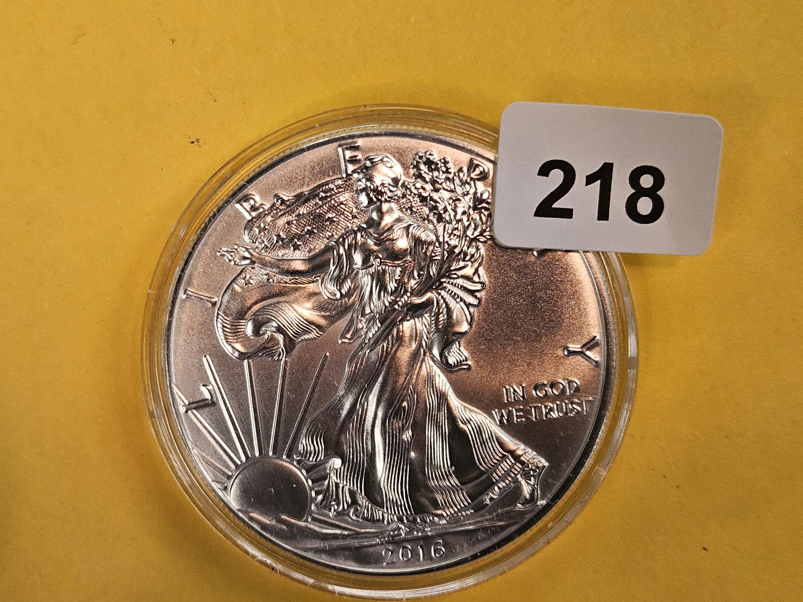 GEM Brilliant Uncirculated 2016 American Silver Eagle: In plastic capsule