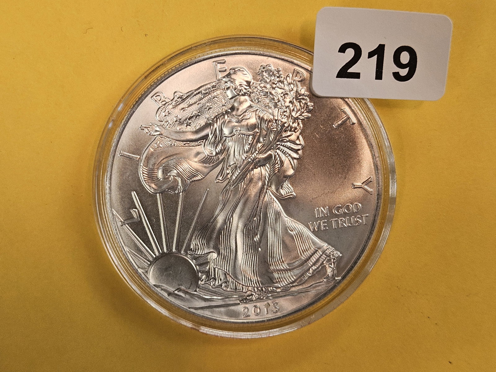 GEM Brilliant Uncirculated 2013 American Silver Eagle: In plastic capsule