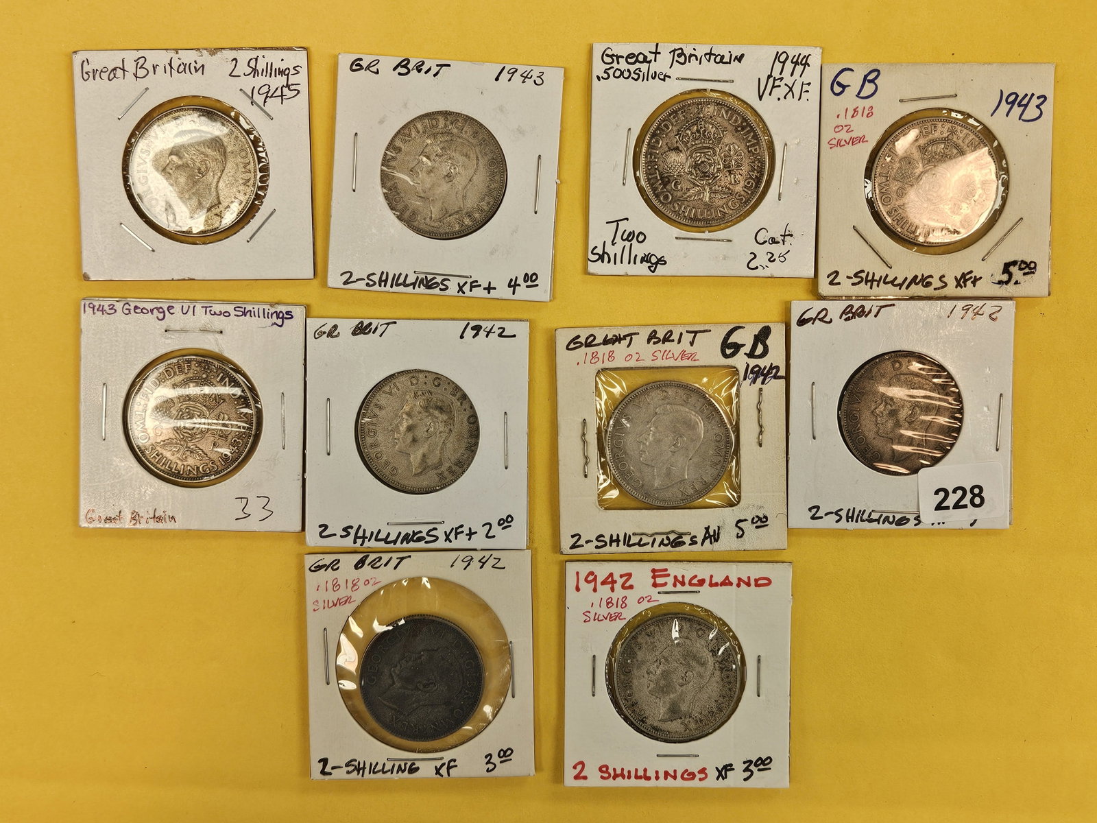 Ten mixed Great Britain silver 2 shillings: Circulated