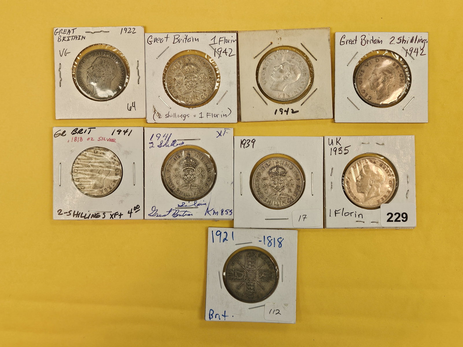 Nine mixed Great Britain silver 2 shillings (1 of 2)