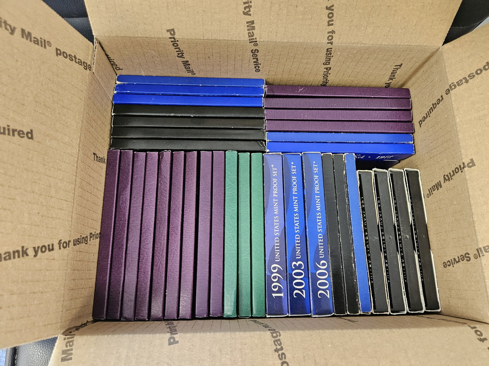 THIRTY-FIVE US Proof Sets: Ships separately in a Flat Rate Medium Box. Some Duplicates.