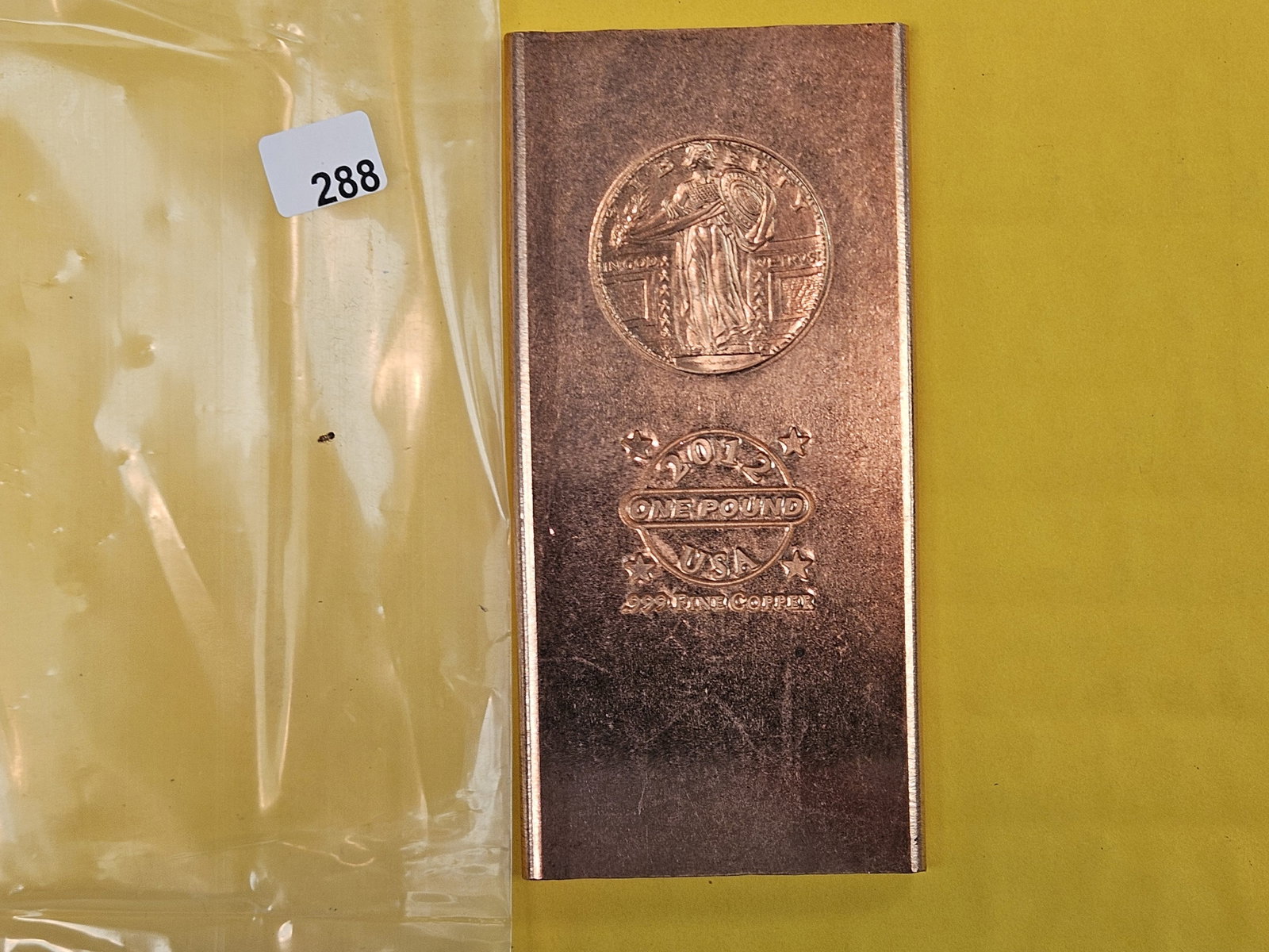 ONE POUND .999 fine copper bar: Standing Liberty motif