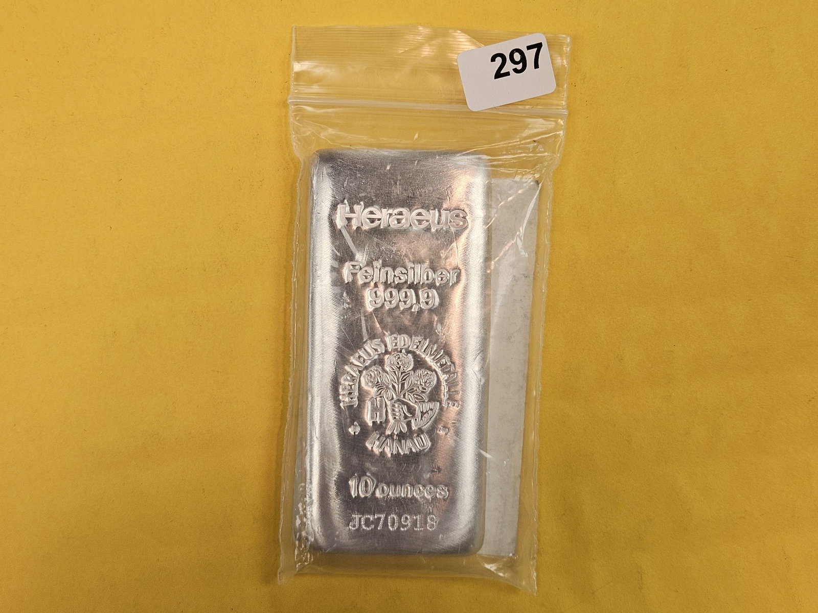 TEN Troy ounce .999 fine silver poured bar: Heraeus