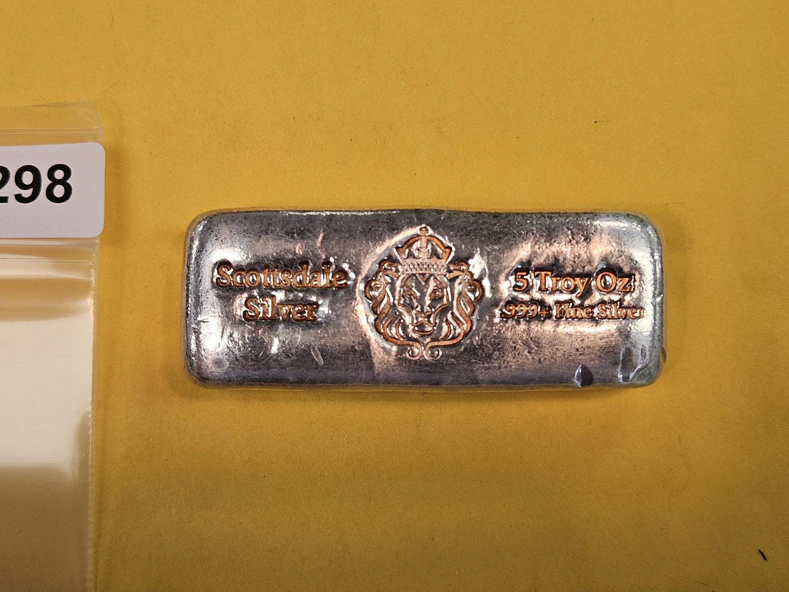 FIVE Troy ounce .999 fine silver poured bar: Scottsdale Mint