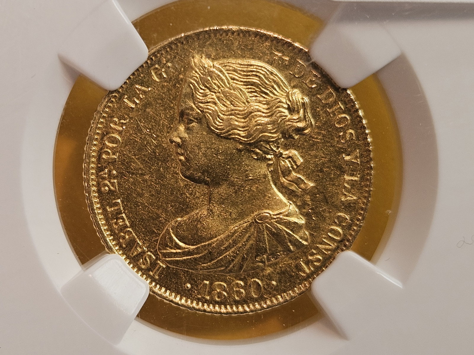 GOLD! NGC 1860 Spain GOLD 100 Reals in Mint State 63: Madrid. Beautiful coin. Fields look near Prooflike! Looks better than a 63!