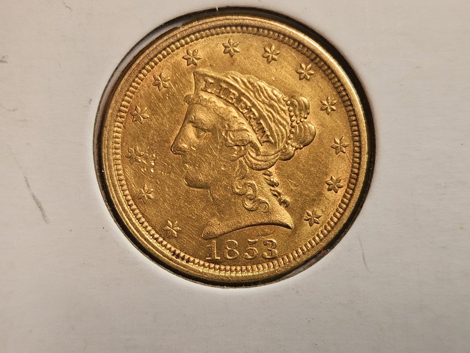 GOLD! Brilliant About Uncirculated 1853 Liberty Head Gold $2.5 Dollars (1 of 4)