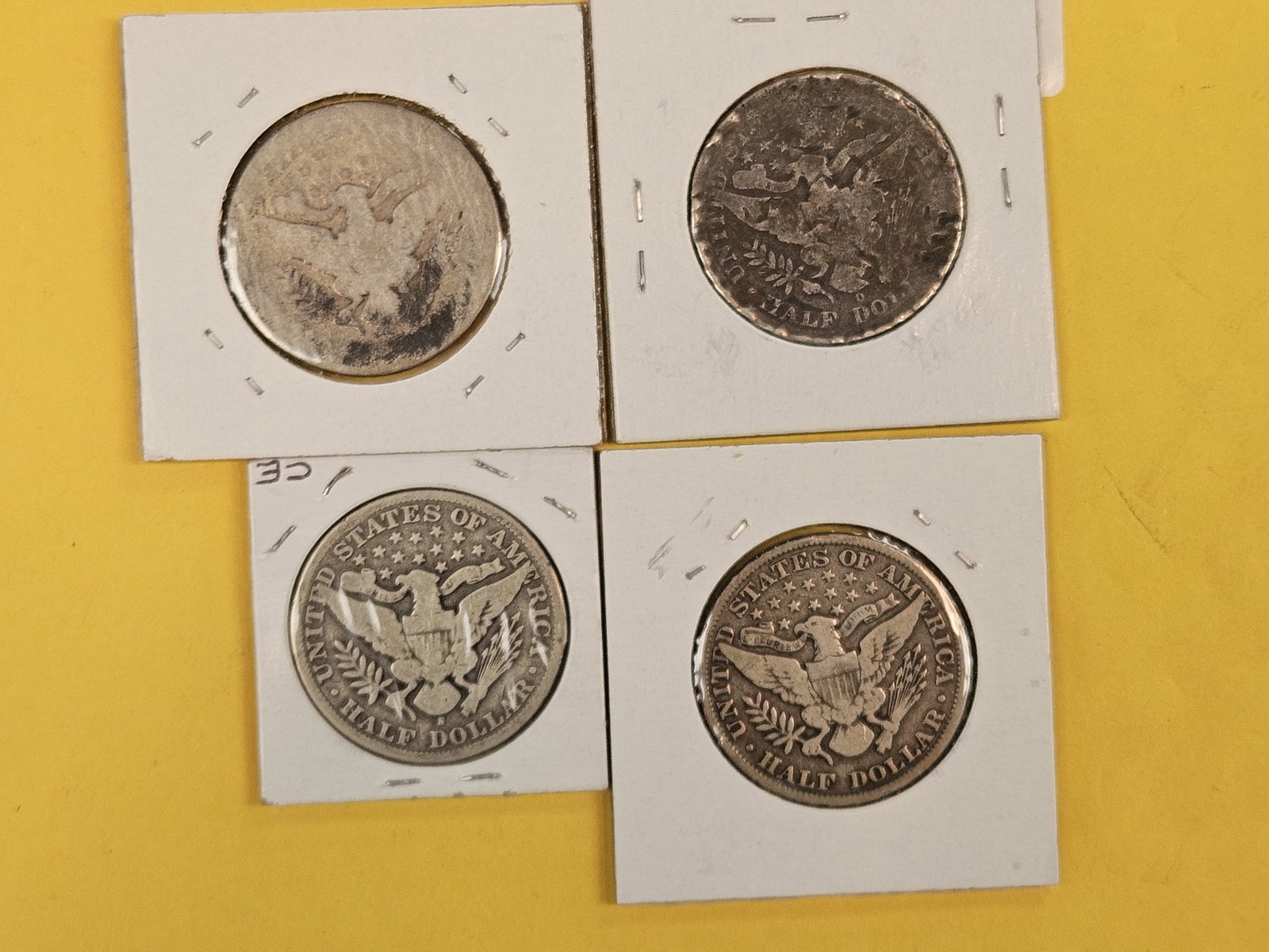 Four mixed, slightly better date, Barber silver half dollars - 2