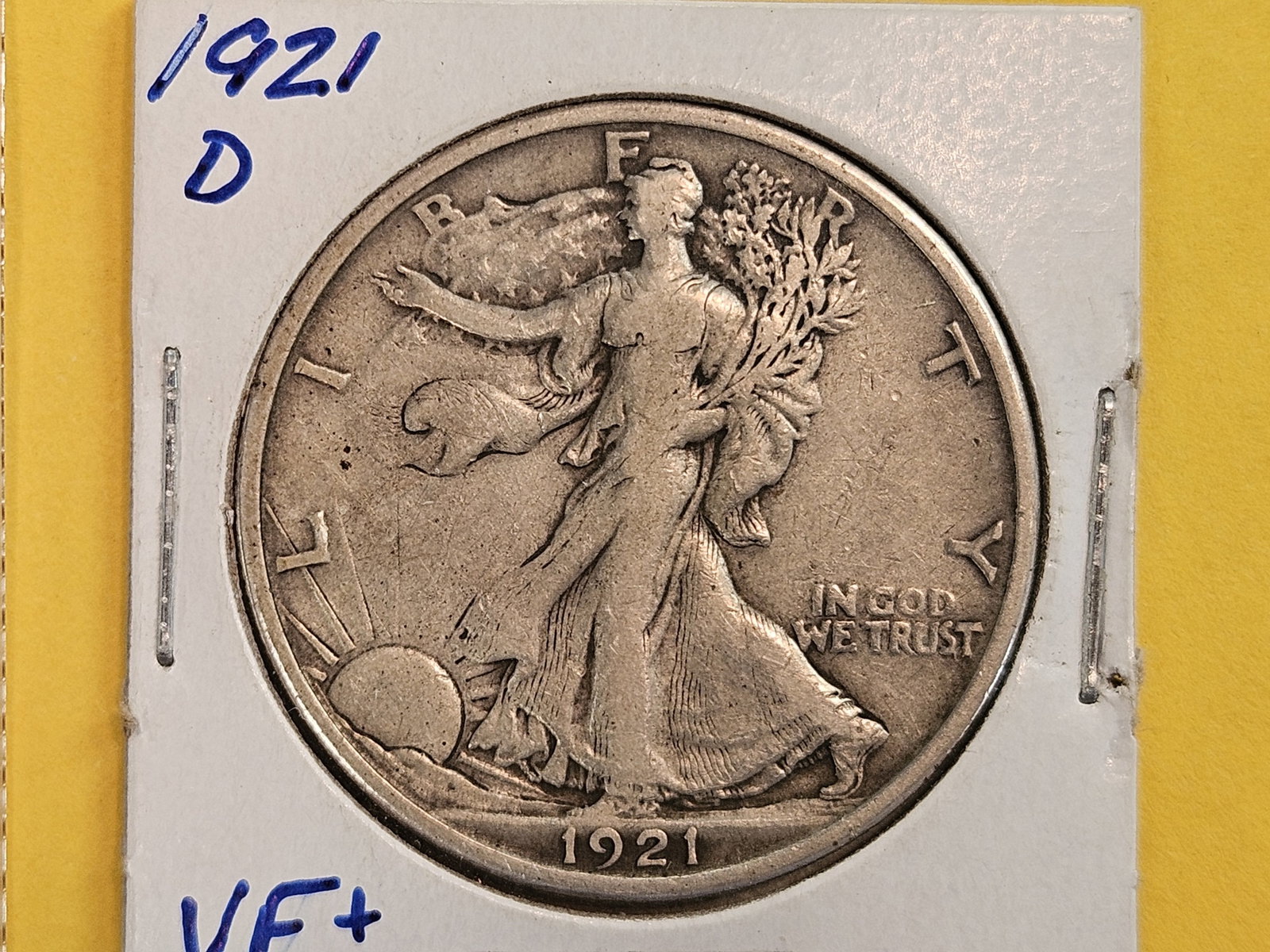 THE KEY DATE! 1921-D Walking Liberty Half Dollar: Grades in VERY FINE PLUS! This baby books well over $1,000 and jumps to about $4,000 in XF-40!